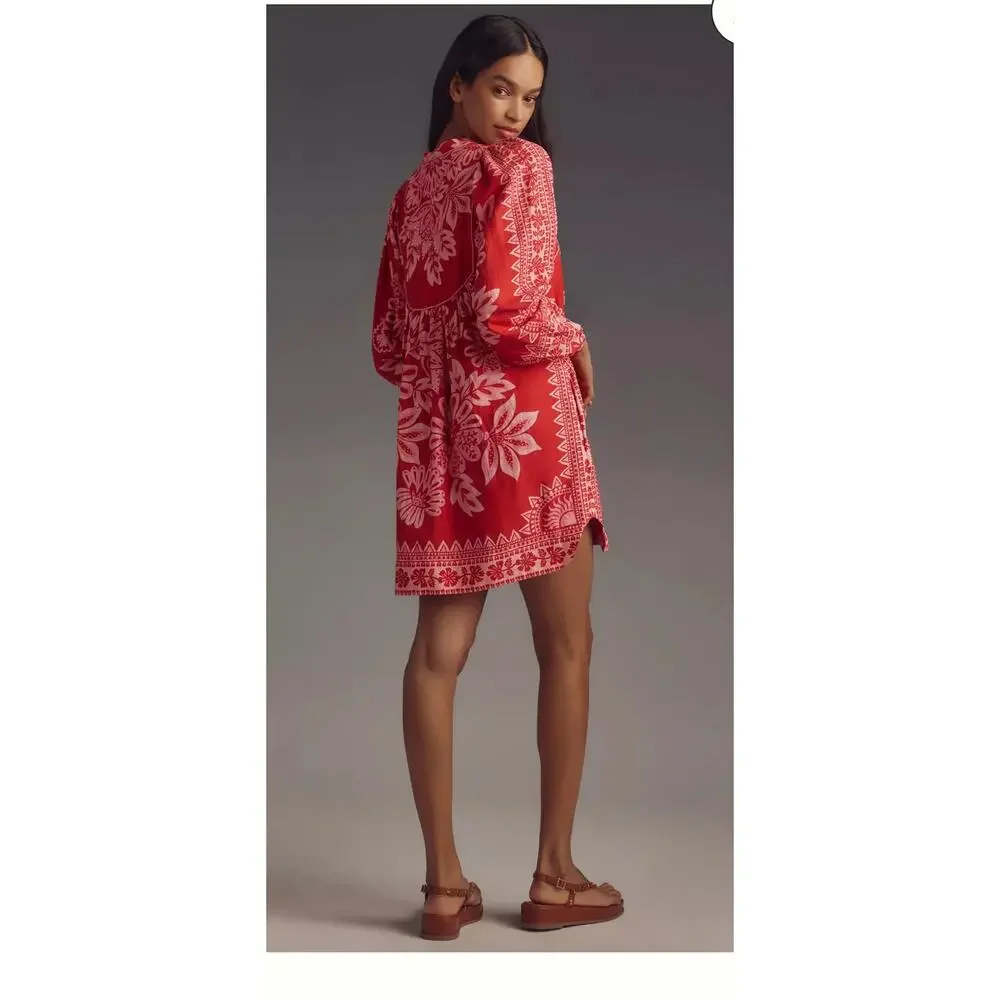 Farm Rio Women Flora Tapestry Red Long Sleeve Mini Dress Small Boho Embroidered - Picture 2 of 8